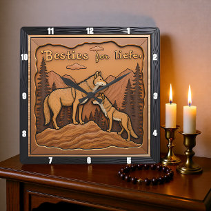 Horloge Carrée Paire de loups gravés sur la montagne orange