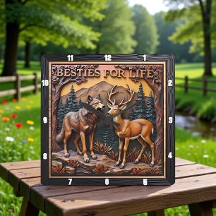 Horloge Carrée Paire mixte de loup et de cerf en forêt