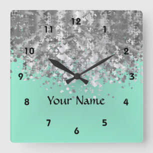 Horloge Carrée Pale mint green faux glitter personalized