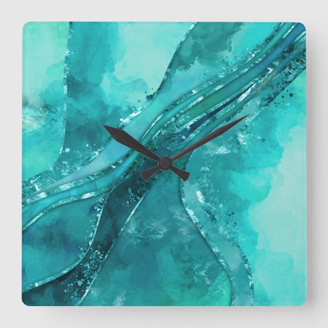 Horloge Carrée Palette Turquoise Flux Abstrait (Recto)