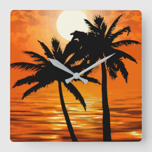 Horloge Carrée Palm Tree Sunset Tropical Murs Horaires