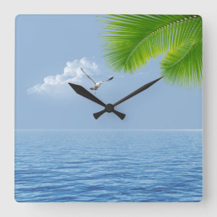 Horloge Carrée Palme tropicale sur l'eau