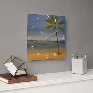 Horloge Carrée Palmier solitaire sur la plage, par Gary Poling