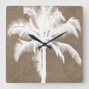 Horloge Carrée Palmier Tropical Hawaiien Rétro Silhouette Blanc