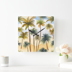 Horloge Carrée Palmiers Tropicaux   Peinture Aquarelle de Plage