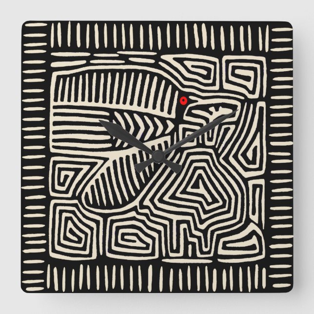 Horloge Carrée Panama Kuna Indian Mola Pajaro - noir blanc (Recto)