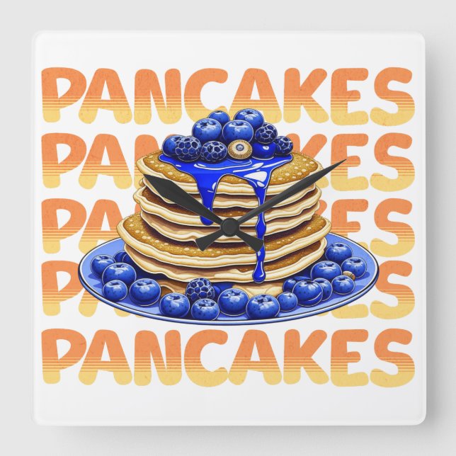 Horloge Carrée Pancakes recouverts de bleuets (Recto)