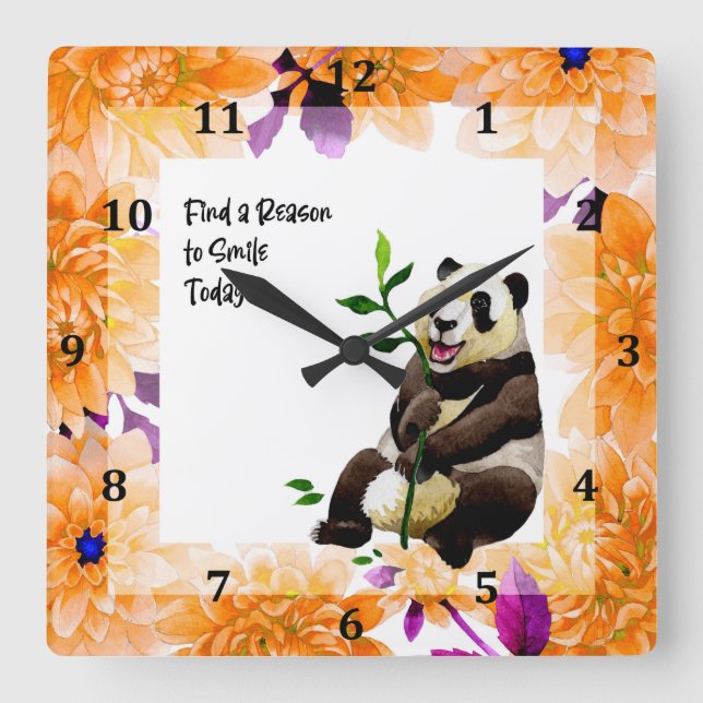 Horloge Carrée Panda avec cadre de fleurs orange (Recto)