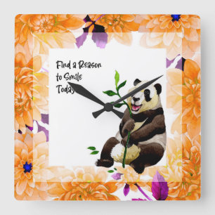 Horloge Carrée Panda avec cadre de fleurs orange