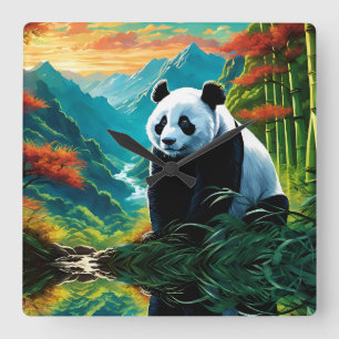 Horloge Carrée Panda Bear dans les nuages
