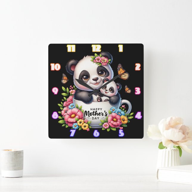 Horloge Carrée Panda Mom : Cub, Fleurs, Fête des mères (Maison)