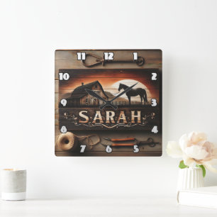 Horloge Carrée Panneau en bois personnalisé avec Cheval et Grange