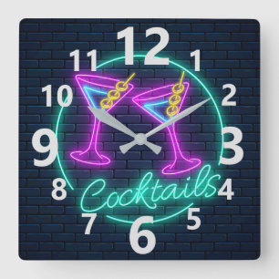 Horloge Carrée Panneau Neon Cocktails