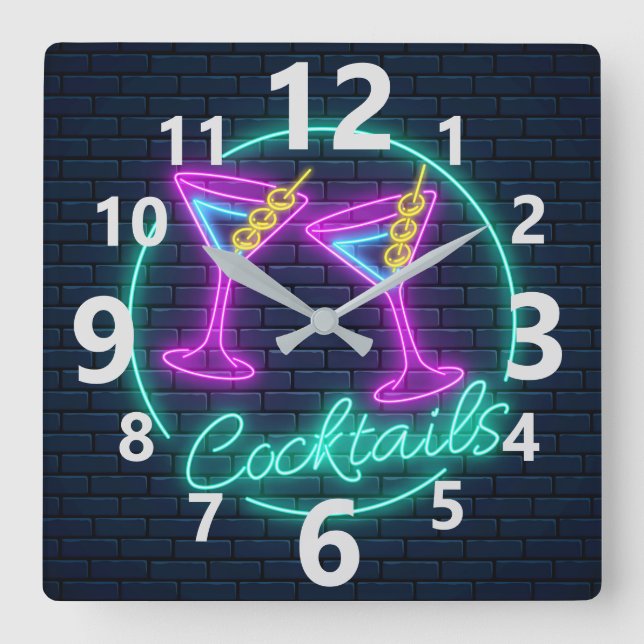 Horloge Carrée Panneau Neon Cocktails (Recto)
