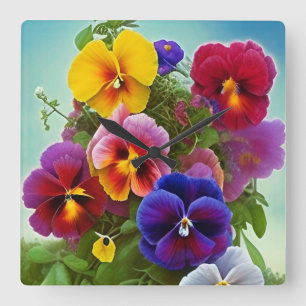 Horloge Carrée Pansies colorées -AI ART