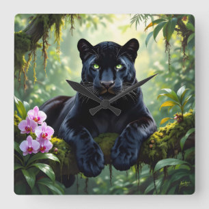 Horloge Carrée Panthère noire dans la jungle