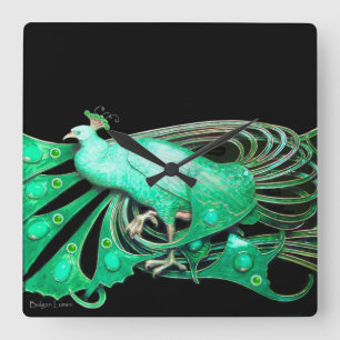 HORLOGE CARRÉE PAON ÉLÉGANT EN VERT ET NOIR