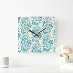 Horloge Carrée Papier à peintres et papillons, lagon Bleu