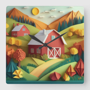 Horloge Carrée Papier Art Origami Style Paysage Scène