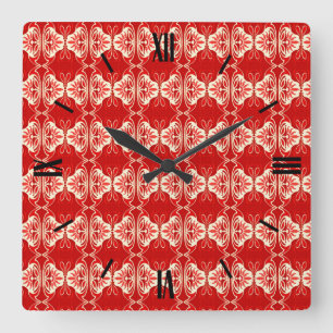 Horloge Carrée Papier peint Art Déco motif - rouge et blanc