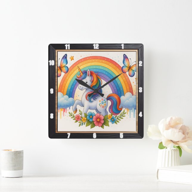 Horloge Carrée Papillon Arc-en-ciel Licorne Fantaisiste  (Maison)
