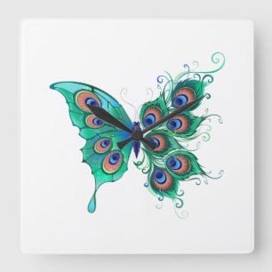 Horloge Carrée Papillon aux plumes de paon vert