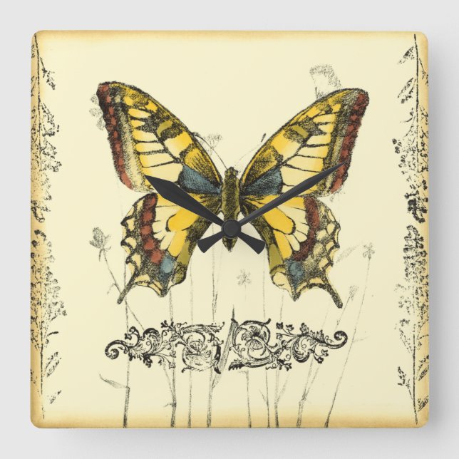 Horloge Carrée Papillon décoratif avec Fleur sauvage (Recto)