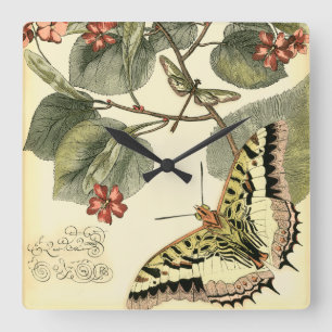 Horloge Carrée Papillon et libellule avec les fleurs rouges