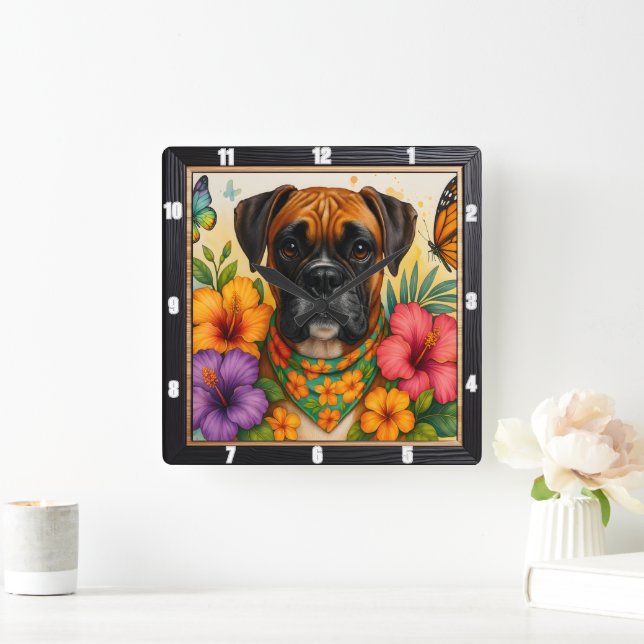 Horloge Carrée Papillon floral de chien de boxe (Maison)