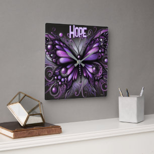 Horloge Carrée Papillon gothique fantaisiste violet personnalisé