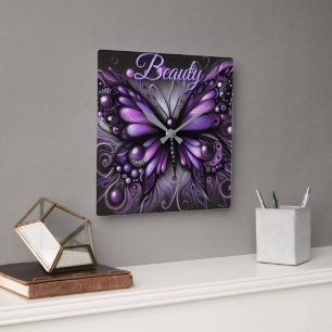 Horloge Carrée Papillon gothique fantaisiste violet personnalisé