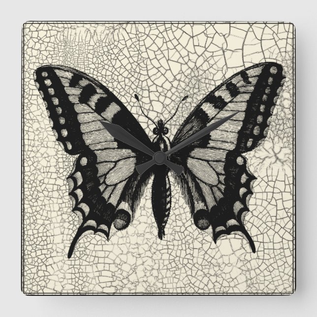 Horloge Carrée Papillon noir et blanc sur Arrière - plan fissuré (Recto)