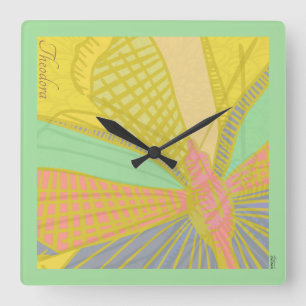 Horloge Carrée Papillon Or Abstrait Jade Rose