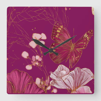 Horloge Carrée Papillon Rose