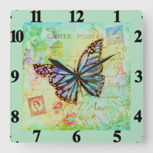 Horloge Carrée Papillon sarcelle et violet