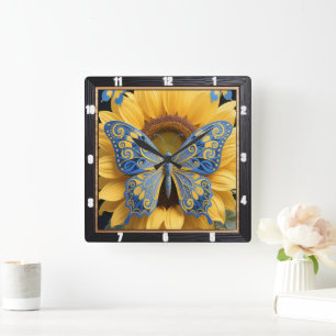 Horloge Carrée Papillon Tournesol Nature