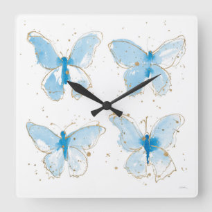 Horloge Carrée Papillons bleu Watercolor