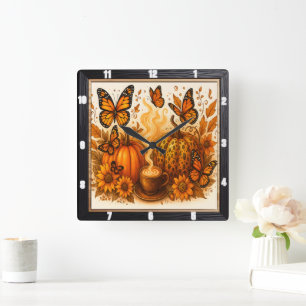 Horloge Carrée Papillons Citrouille Café Automne