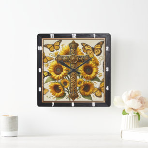 Horloge Carrée Papillons de tournesol de la Croix Ornat
