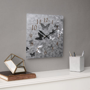 Horloge Carrée Papillons noirs et blancs