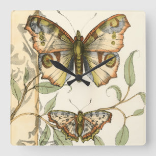 Horloge Carrée Papillons tandem au-dessus de feuille vert