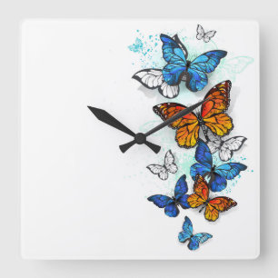 Horloge Carrée Papillons volants Morpho et Monarch