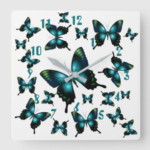 Horloge Carrée Papillons Whimsical Elegant Aqua