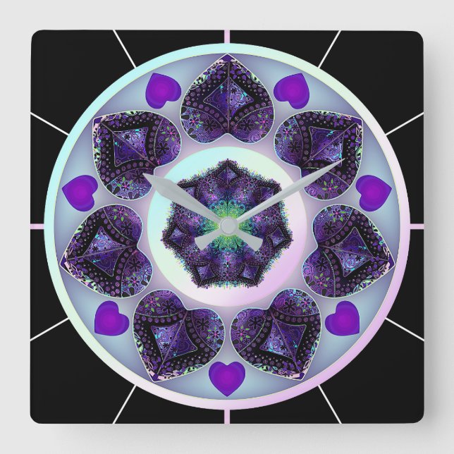 Horloge Carrée Parapluie violet & coeurs .7 (Recto)