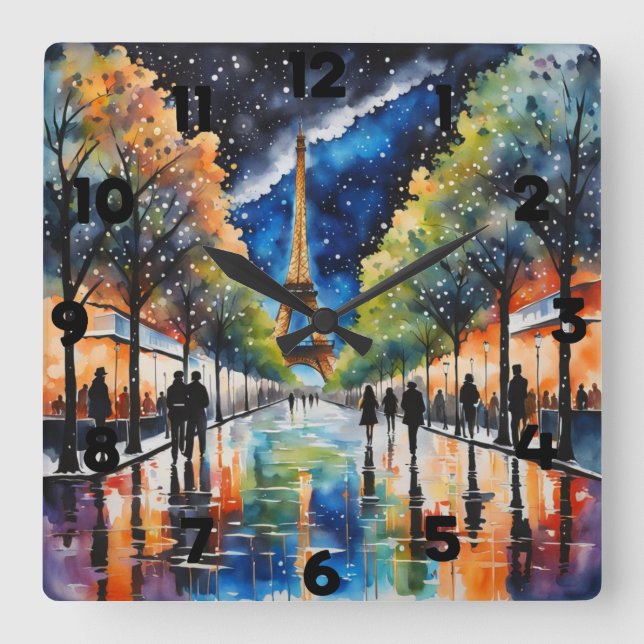 Horloge Carrée Paris la nuit reflétant l'eau de pluie (Recto)