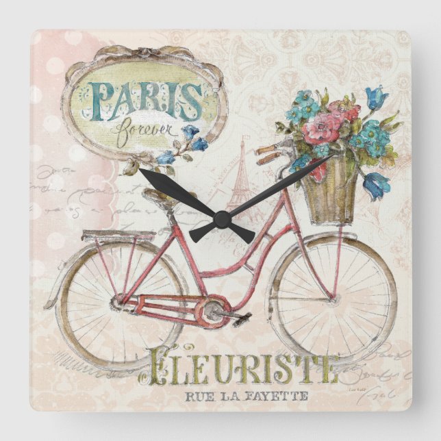 Horloge Carrée Paris Vélo Avec Fleurs Devant (Recto)