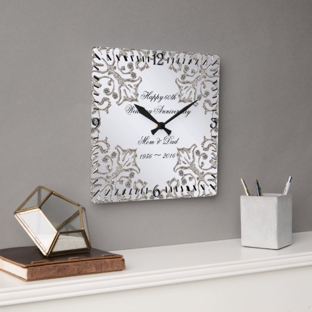 Horloge Carrée Parties scintillant 60e Anniversaire du Mariage de (Bureau)