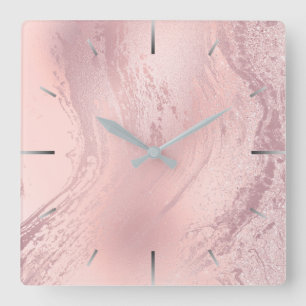 Horloge Carrée parties scintillant élégante en marbre rose rose