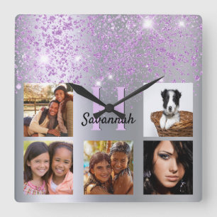 Horloge Carrée Parties scintillant en argent violet poussière per