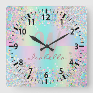 Horloge Carrée Parties scintillant holographique Unicorn